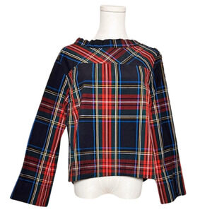 J.Crew Women's Black Red Tartan Plaid Rhinestone Shoulder Detail Size 8P Holiday